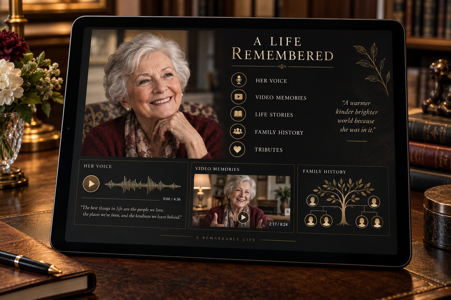 A Life Remembered — a legacy mBoox™ with recorded voice, video memories, life stories, family history, and tributes