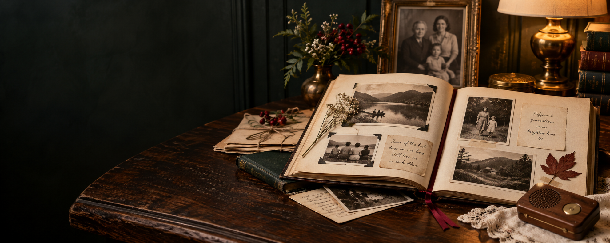 Concept artwork of a family keepsake book, letters and vintage photographs