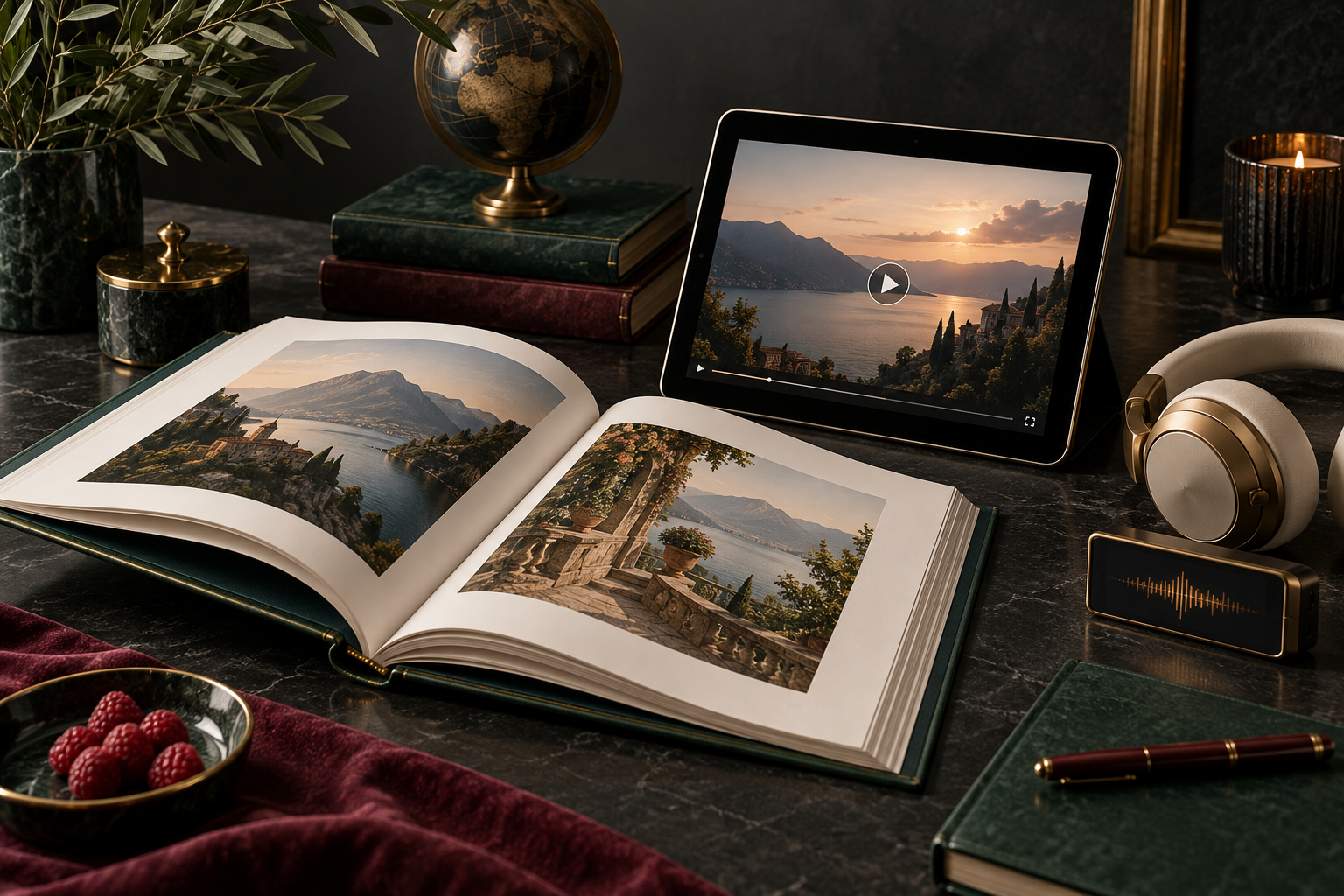 An open book, tablet and headphones illustrating multimedia publishing